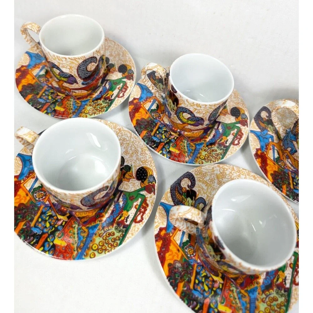 Pacita Abad Espresso Set‎ Mini Cup Mug Saucer Porcelain RARE Wayang Pandawa Lima